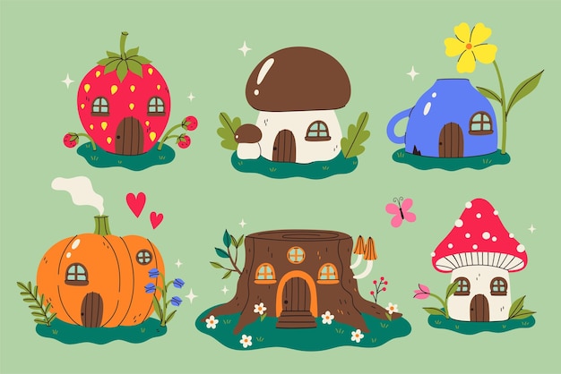 Conjunto de casas de hadas fresa calabaza hongo mosca agaric tronco de taza