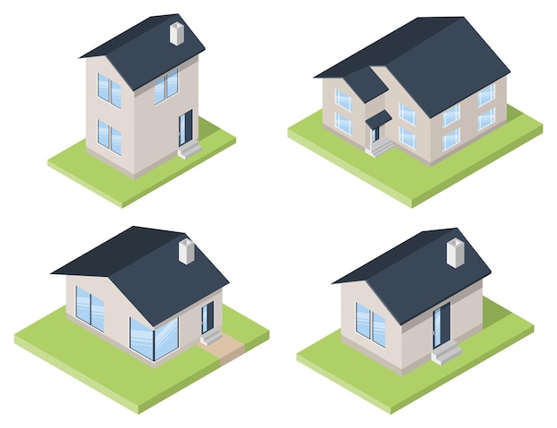 Conjunto de casas isométricas casas privadas edificios rurales y cabañas conjunto de iconos ilustración vectorial