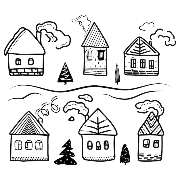Vector conjunto con casas de nieve de navidad en estilo doodle