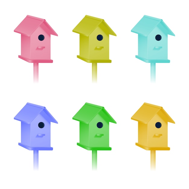 Conjunto de casas de pájaros multicolores realistas.