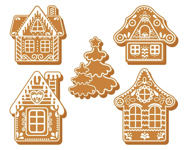 Vector conjunto de casas de pan de jengibre y árboles de navidad. elementos de decoración festiva, impresión, vector