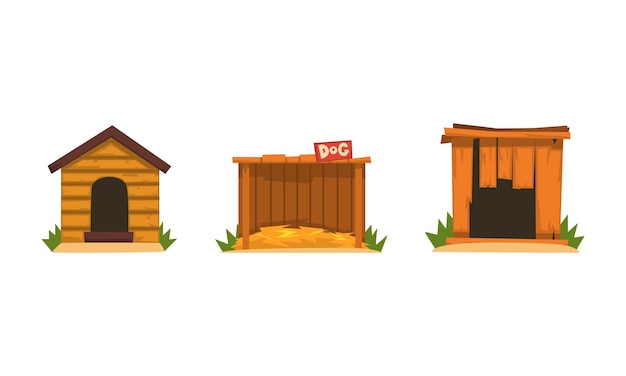Conjunto de casas para perros Pequeña casa de madera para perros en el patio trasero Ilustración vectorial de dibujos animados