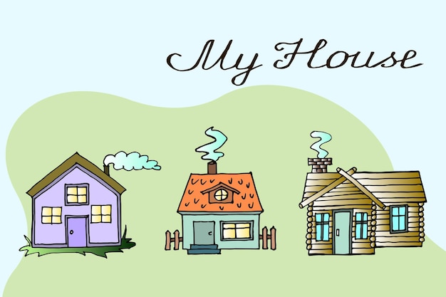 Conjunto de casas rurales dibujadas a mano. Ilustración, vector
