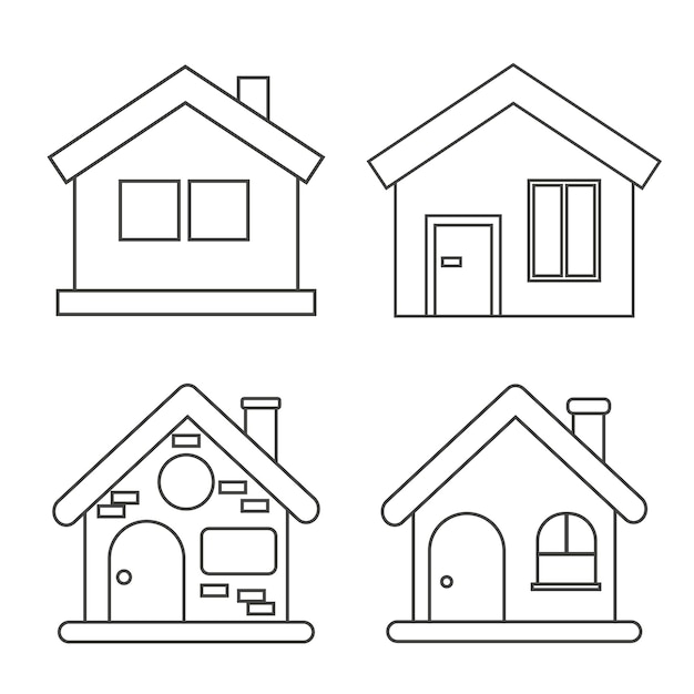 Conjunto de casas vectoriales diferentes en estilo de línea plana aisladas sobre fondo blanco