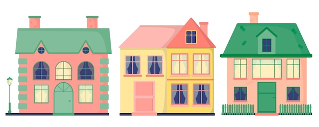 Un conjunto de casas con ventanas, tejas, chimeneas. Farola. Valla. Ilustración de vector plano de color.