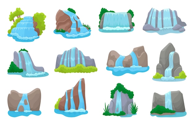 Conjunto de cascadas de la naturaleza Cascadas aisladas montañas de dibujos animados o rocas arbustos de árboles y hierba Elementos naturales para paisajes conjunto vectorial neotérico