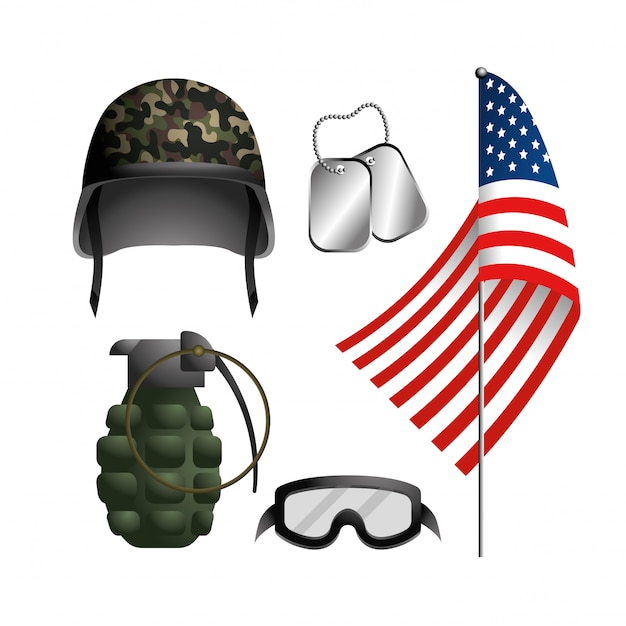 Vector conjunto casco militar con granada y neclace.