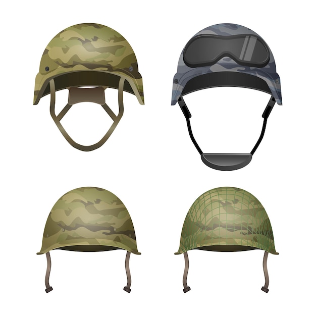 Vector conjunto de cascos de camuflaje militar en colores caqui camuflaje. clásico, con gafas, de combate y con líneas de proyección. diferentes tipos de tocados del ejército. elemento de cubierta protectora para la cabeza. paintball.