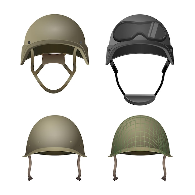 Conjunto de cascos militares. clásico, con gafas, de combate y con líneas de proyección. diferentes tipos de tocados del ejército. elemento de cubierta protectora para la cabeza. elige tu uniforme en el juego de paintball.