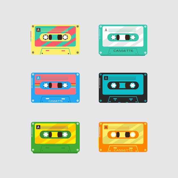 Vector conjunto de casete retro de música vintage sobre fondo blanco. casetes de audio de plástico dispositivos de medios vintage, grabación de música iconos aislados. ilustración,.