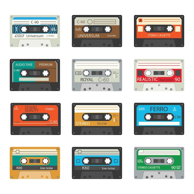 Conjunto de casetes retro Varias cintas de música de colores Tecnología antigua Diseño retro realista Ilustración vectorial