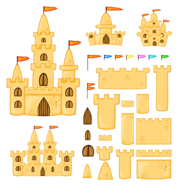 Vector conjunto de castillos de arena de diferentes formas. colección de dibujos animados de verano en vector.