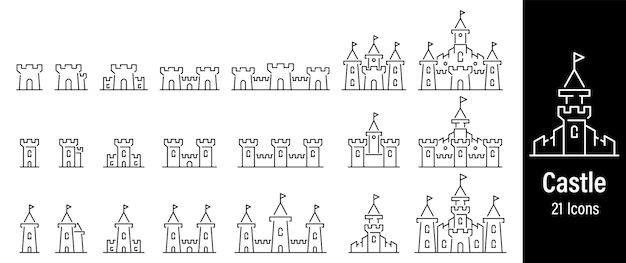 Vector conjunto de castillos medievales iconos línea de la torre del castillo ilustración vectorial de iconos