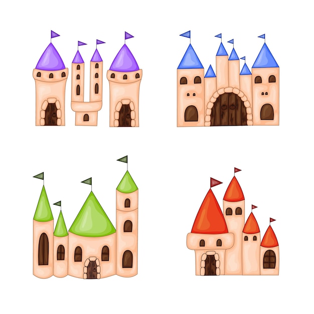 Conjunto de castillos con techos de colores en estilo de dibujos animados sobre fondo blanco. Ilustración vectorial.