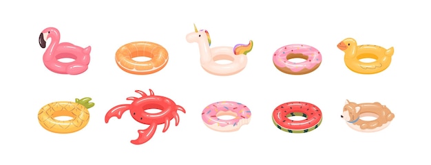 Conjunto de caucho colorido inflable elegante anillo de natación moderno para niños y adultos mordedura de flamenco rosa rosquilla unicornio cangrejo tubo interior en ilustración vectorial de dibujos animados sobre fondo blanco