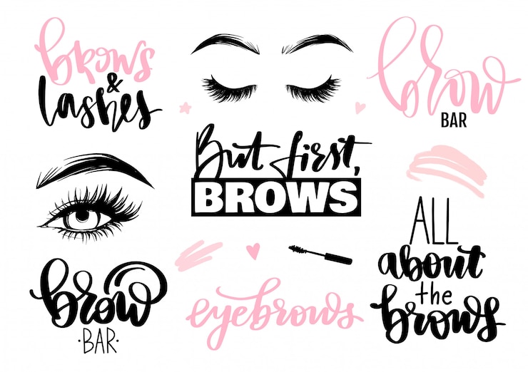 Vector conjunto de cejas y pestañas. letras de caligrafía citas o frases, ojos.