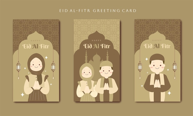 Conjunto de celebración de dibujos animados islámicos de tarjeta de felicitación de eid al fitr mubarak