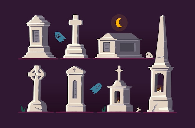 Conjunto de cementerio con cruces y lápidas