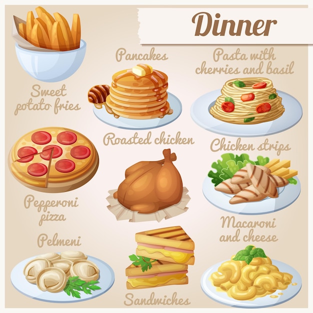 Vector conjunto de cena de iconos de comida