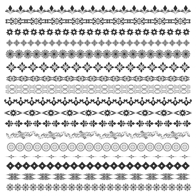 Conjunto de cepillo de vectores con patrones modernos y clásicos, motivos florales para crear fronteras, división y decoración de texto. Línea marcos de arte para invitaciones, cumpleaños y tarjetas de felicitación, certificado.