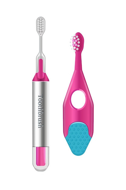 Conjunto de cepillos de dientes de plástico rosa de diferentes formas para cepillarse los dientes