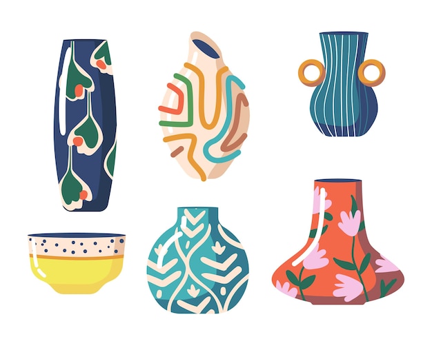Conjunto de cerámica diferente, vajilla de barro. Macetas y jarrones de flores orientales, turcos, modernos de varios tamaños y formas. Objetos de decoración del hogar aislados sobre fondo blanco. Ilustración vectorial de dibujos animados