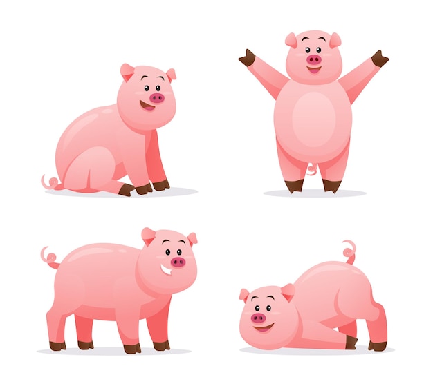 Conjunto de cerdo en varias poses ilustración de dibujos animados