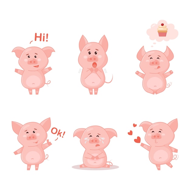 Conjunto de cerdos lindos Colección de divertidos personajes de emoticonos de cerdo en diferentes emociones