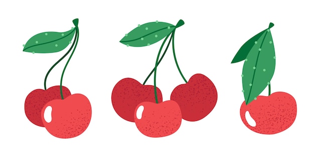 Conjunto de cerezas sobre un fondo blanco Cerezas maduras y racimos de cereza conjunto de sabrosas bayas rojas saludables con hojas verdes