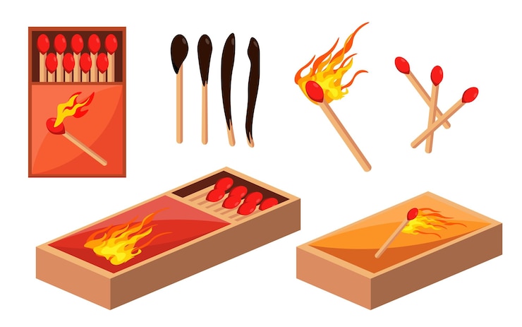Vector conjunto de cerillas al estilo de dibujos animados ilustración vectorial de cajas de diferentes diseños con cerillas largas carbonizadas cerillas encendidas cerillas con fuego aislado en fondo blanco cerillas con cabezas inflamables