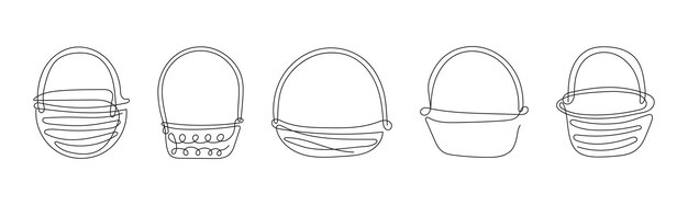 Conjunto de cestas de mimbre con mango Dibujo de línea continua Ilustración vectorial aislada sobre fondo blanco Estilo minimalista Elementos de diseño Ideales para el logotipo del icono Impresión de la aplicación móvil libro de colorear