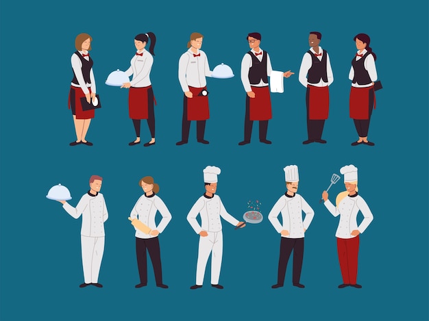 Conjunto de chefs y camareros en uniformes de trabajo, diseño de ilustraciones