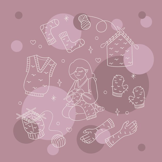 Un conjunto con una chica de tejer y ropa de tejer de color Ilustración de esquema para sus proyectos