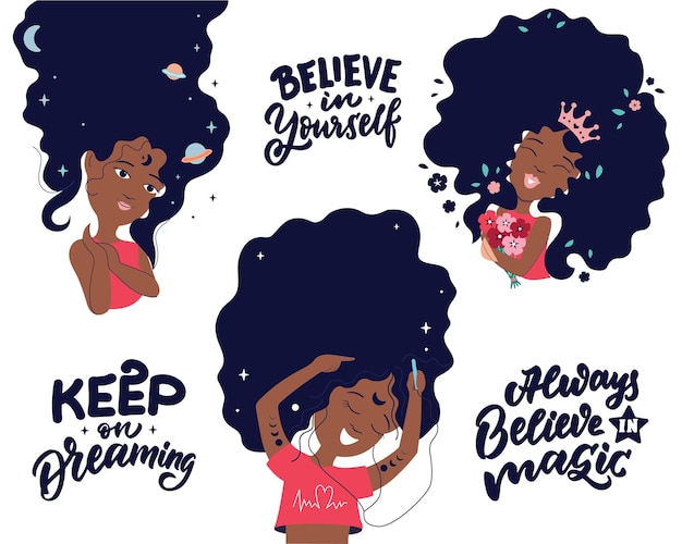 Vector el conjunto de chicas africanas con citas mágicas de mujeres afro y letras para las vacaciones de chicas negras