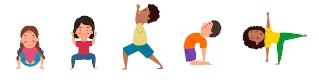 Un conjunto de chicas y chicos bonitos de diferentes nacionalidades se dedican al yoga Yoga para niños