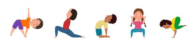 Vector un conjunto de chicas y chicos bonitos de diferentes nacionalidades se dedican al yoga yoga para niños