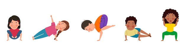 Un conjunto de chicas y chicos bonitos de diferentes nacionalidades se dedican al yoga Yoga para niños