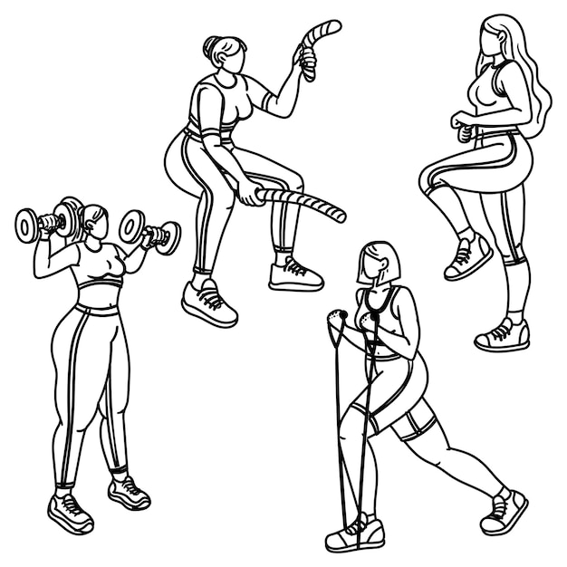 Conjunto de chicas con contornos que son aficionadas a los deportes en equipos deportivos La chica se dedica a los deportes