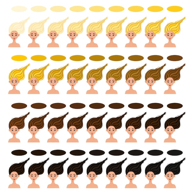 Conjunto con chicas con diferentes colores de piel y cabello, de claro a oscuro. estilo de dibujos animados. ilustración vectorial.
