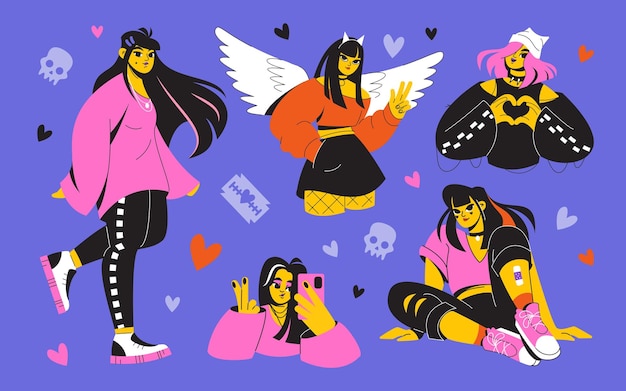 Un conjunto de chicas emo fuertes mujeres jóvenes están vestidas de rosa y negro Punks goths young Teen fash