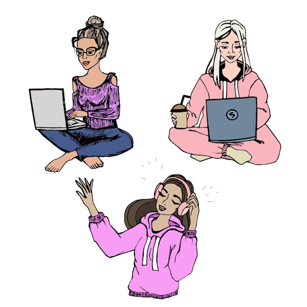 Conjunto de chicas estudiantes en la ilustración de vector de estilo doodle