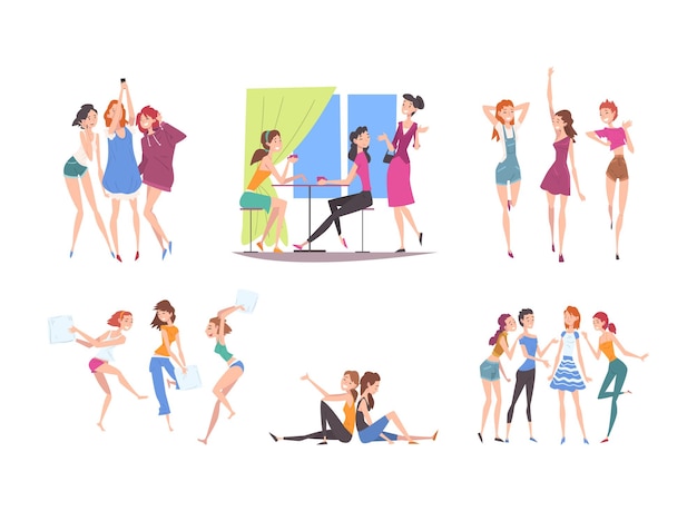 Conjunto de chicas felices teniendo una fiesta de pijama Chica en pijama haciendo trampa divirtiéndose y luchando con almohadas Ilustración vectorial de dibujos animados