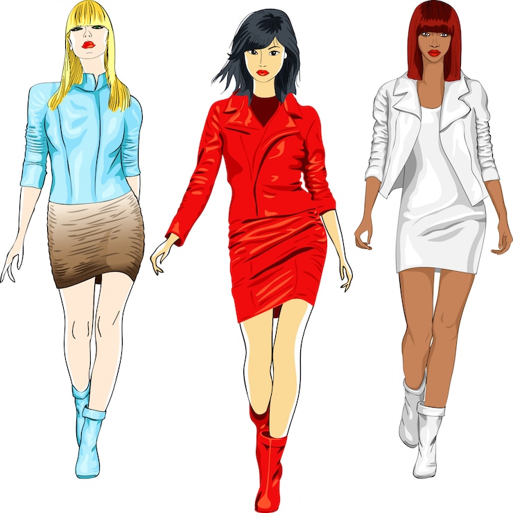 Vector conjunto de chicas de moda en trajes de cuero