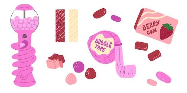 Conjunto de chicle de burbuja para mascar caramelos de fresa máquina de chicle vectorial ilustración plana aislada