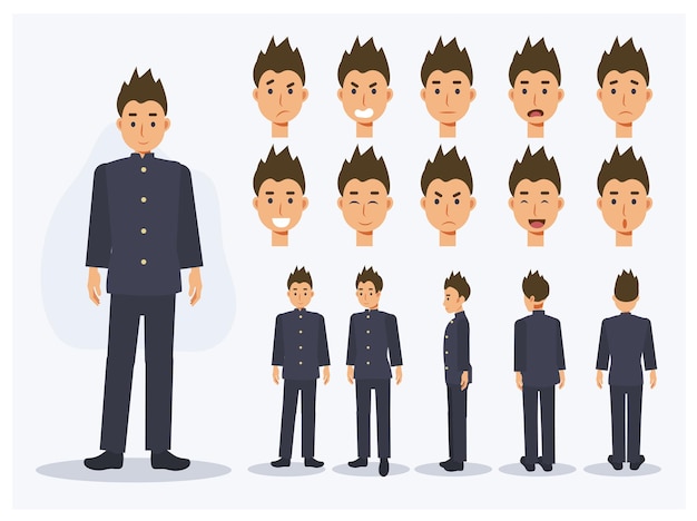 Conjunto de chico estudiante japonés de carácter vectorial plano en uniforme con varias vistas, estilo de dibujos animados.