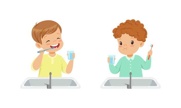 Conjunto de chicos lindos y felices cepillándose los dientes rutina diaria concepto ilustración vectorial de dibujos animados