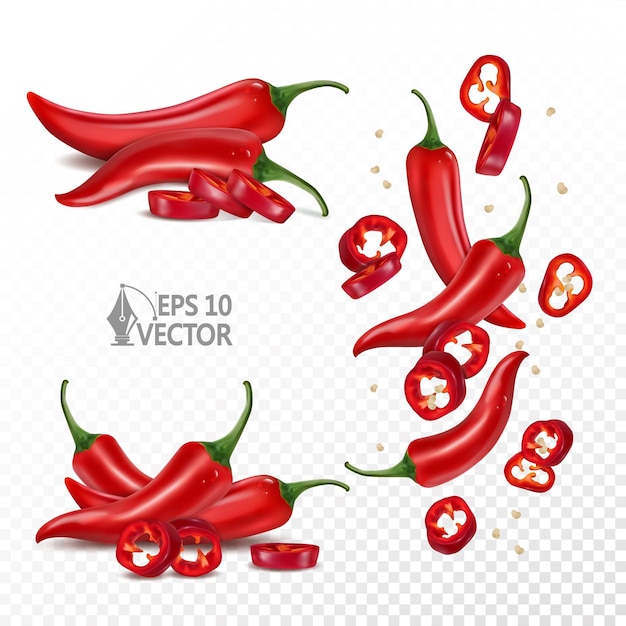 Vector conjunto de chiles frescos rojos que caen rodajas de pimienta especias picantes naturales ilustración vectorial realista