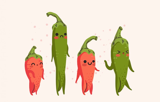 Conjunto de chiles rojos lindos y chiles verdes ilustración.