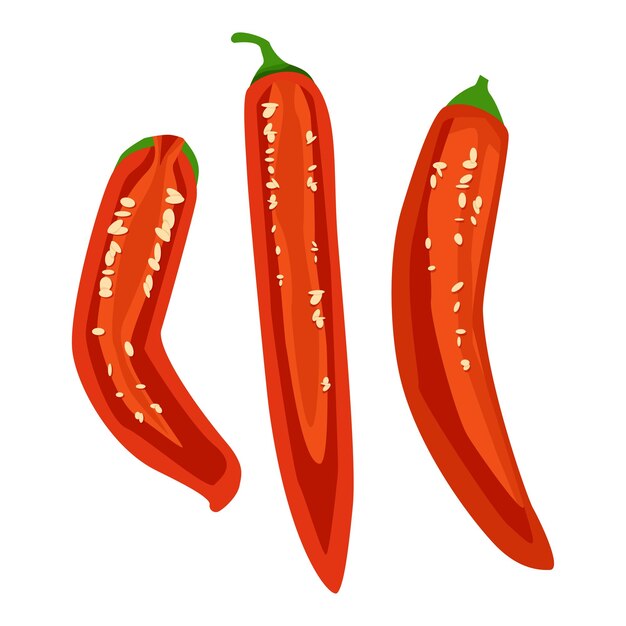 Conjunto de chiles rojos mexicanos cortados por la mitad
