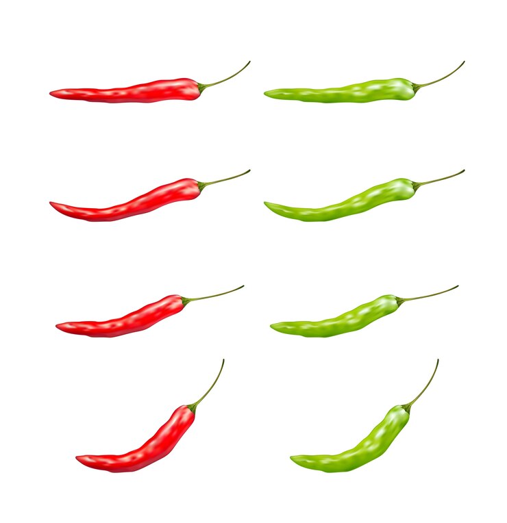 Vector conjunto de chiles rojos y verdes sobre un fondo blanco